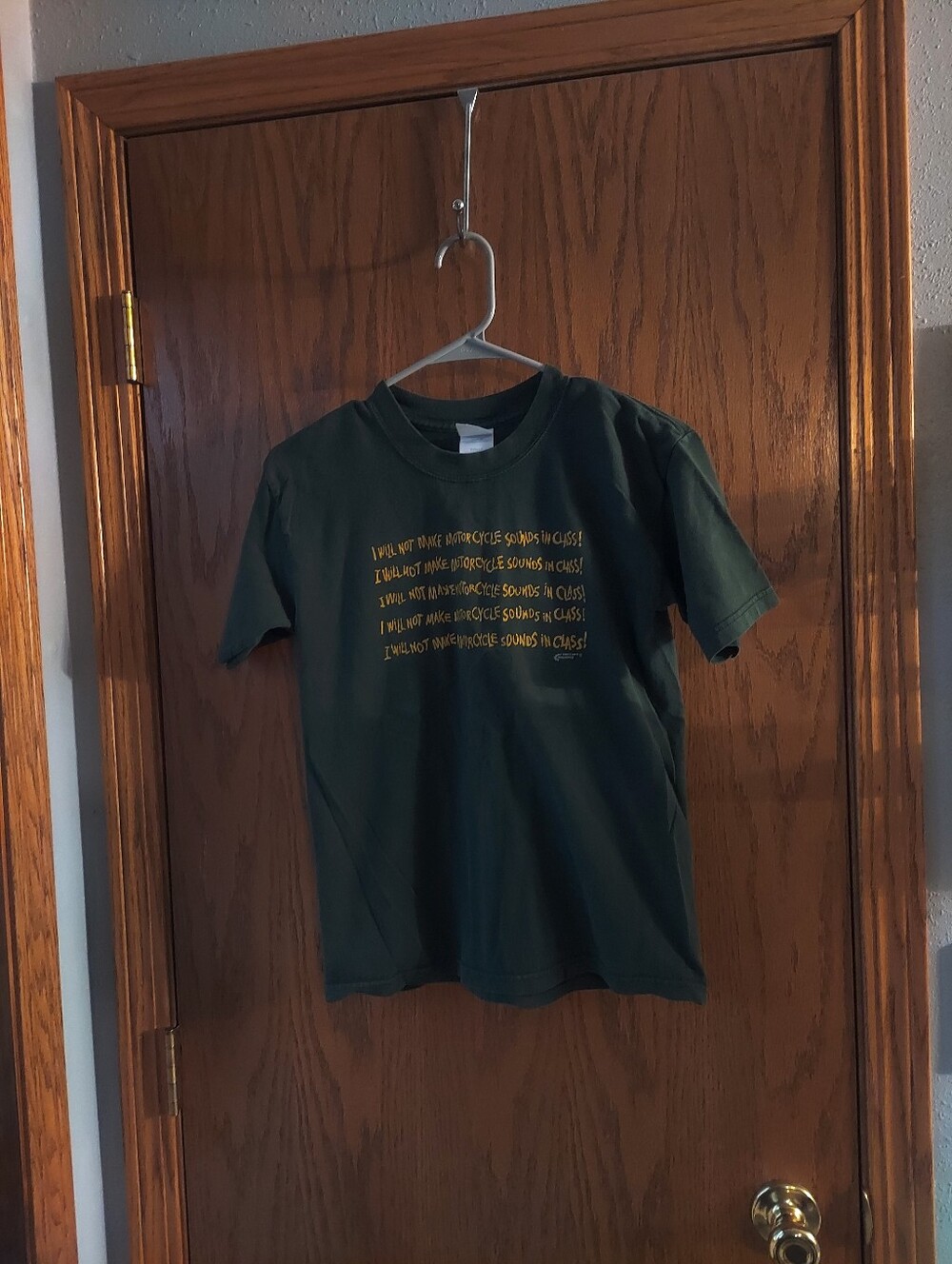 Vintage Gildan Dark Green T-Shirt I Will Not Make Motorcycle Sounds In Class